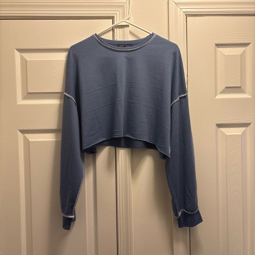 SHEIN Washed Blue Cropped Long-Sleeve Top